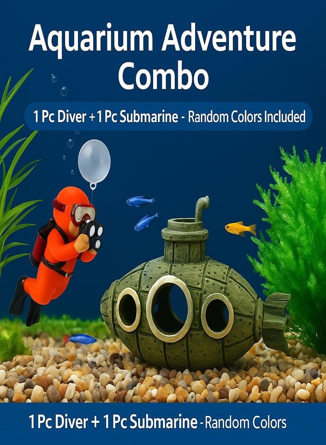 مجموعة مغامرات حوض السمك من قطعتين من VAYINATO® - زينة غواص عائم وحطام غواصة عتيقة (لون عشوائي) - زينة ممتعة لحوض السمك، مصنوعة من الراتنج الآمن، لمحبي أحواض السمك - Image 2